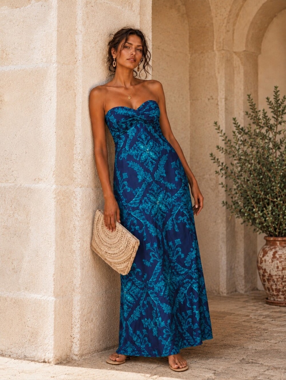 Tommy Bahama Strapless Blue & Turquoise Bohemian Print Maxi Dress Size Small